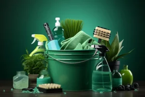 Green cleaning bucket with environmental cleaning products for living spaces in St Louis, MO.