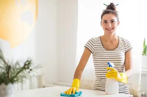 Golden Rule Cleaning & More—A professional maid uses cleaning products to clean a St. Louis, MO home and improve the air quality.